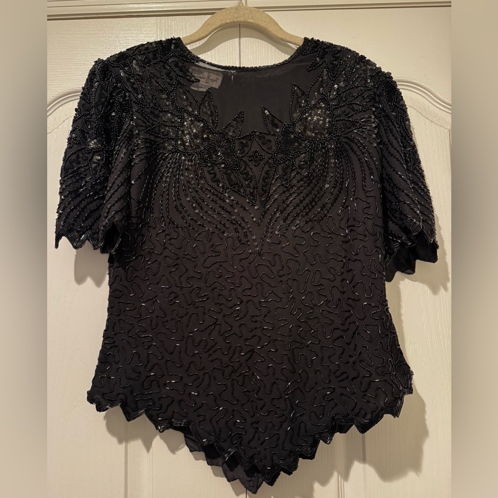 Laurence Kazar New York Vintage Black Beaded Short Sleeve Blouse - Size L